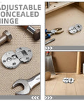 4 Pack Concealed Cabinet Hinges, Zinc Alloy 90 Degree Flip Design with Silent Opening, hidden mount, on table with tools