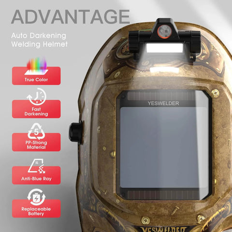 Pro Grade Auto Darkening Welding Helmet With LED Light, True Color Large Viewing Window Three Point Nine Three By Three Point Six Six Inches, Four Arc Sensors, Wide Shade Range For TIG MIG ARC Welding And Cutting, LYG 17800F ST Compatible