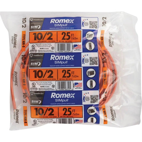 Simpull Indoor NM-B Copper Cable 10/2 With Ground Solid Wire, 25 Foot Coil, visible in packaging for residential wiring.