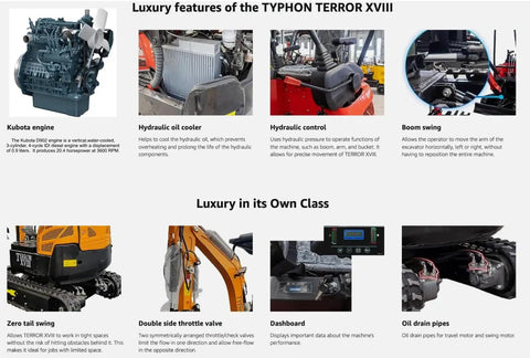Luxury features of TYPHON TERROR XVIII hydraulic excavator with Kubota engine, boom swing, and oil cooler.