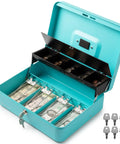 Open Heavy Duty Locking Cash Box With Key Lock And Built In Money Tray Portable Metal Cash Safe For Cash And Coins Yard Sale Garage Sale Money Organizer For Small Business Durable Cyan with keys and compartments visible