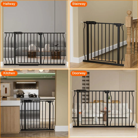 Extra Wide Baby Gate For Stairs And Doorways With Pressure Mount, Walk Through Swing Door, Tall Indoor Safety Gate, Black Metal