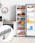 Open refrigerator in a kitchen with a close-up inset of 2 Pack Stainless Steel Fridge Hinges Replacement For Refrigerator Doors With Right Shaft Inner Column Hinge, 0.28 In Dia, 1.38 In Spacing, Includes Screws And Bushings, Easy Install, Built To Last.