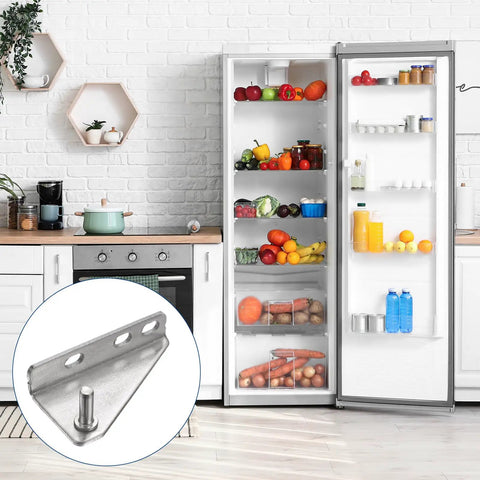 Open refrigerator in a kitchen with a close-up inset of 2 Pack Stainless Steel Fridge Hinges Replacement For Refrigerator Doors With Right Shaft Inner Column Hinge, 0.28 In Dia, 1.38 In Spacing, Includes Screws And Bushings, Easy Install, Built To Last.