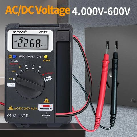 Starter-Friendly Digital Multimeter Card Tester With Auto Ranging 4000 Count displaying AC/DC voltage reading.