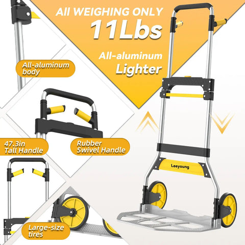 Heavy Duty Aluminum Folding Hand Truck With 309 Lb Weight Limit And Smooth TPR Rollers Collapsible Dolly Cart Featuring Adjustable Grip For No Sweat Hauling Across Any Floor