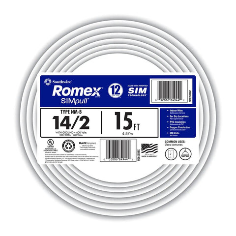 Simpull Solid Indoor 14/2 W/G NM-B Cable 15 Foot Coil packaging with product details and SIMpull jacket for easy installation.