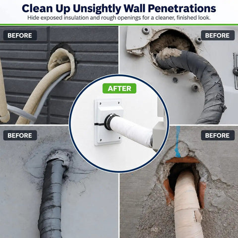 Knockout HVAC Wall Penetration Cover Kit That Slays Ugly AC Line Sets with before and after images showing clean wall penetration cover.