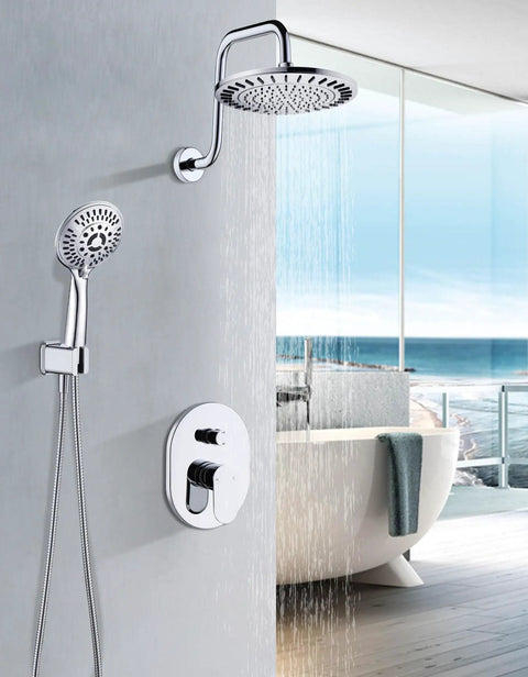 Shower Faucet Set With Rainfall Shower Head And Handheld Spray, Dope Chrome Shower System, Double Handle Valve Trim Kit visible in a modern bathroom
