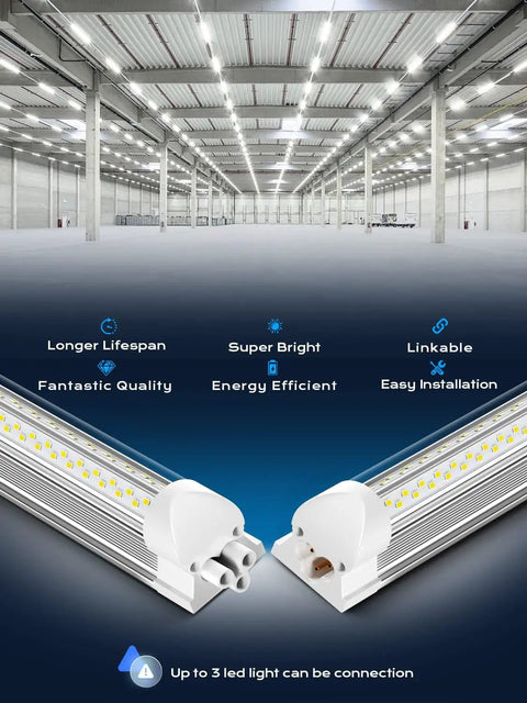 Hella Bright Eight Foot LED Shop Lights Ten Pack 100W 15000 Lumen Linkable Ceiling Fixtures For Garage Shop Warehouse Barn Lighting 5000K Daylight Brightness Kit displayed in a large industrial space with close-up of connectors.
