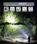 Person using Crazy Bright LED Tactical Flashlight With Rechargeable Battery And Zoomable Beam illuminating a forest at night.
