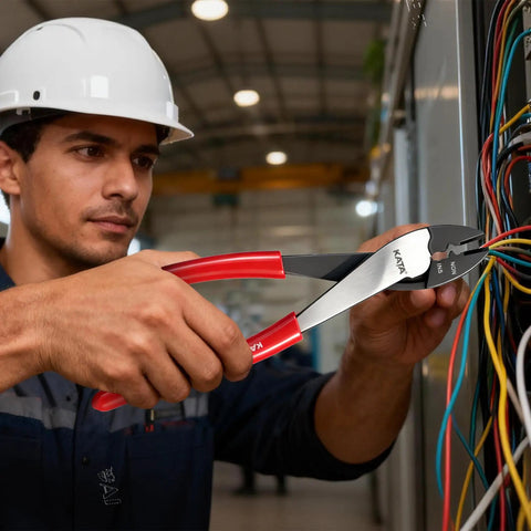 Built Tough Heavy Duty Wire Crimpers And Cutter For 10 To 22 Awg Terminals in use on automotive wiring by a worker.