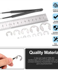 304 Stainless Steel E Clips Retaining Rings Set with tweezers and ruler, 14 sizes from 1.5mm to 15mm for gears and housings.