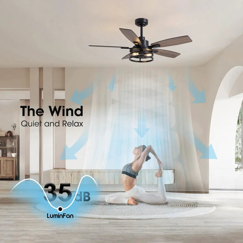46 Inch Ceiling Fan With Lights And Remote Control Dope Farmhouse Style shown spinning above yoga pose, indoor setting