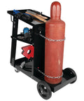 Universal Mobile Welding Cart On Wheels With Storage Trays For MIG Welders And Plasma Cutters Heavy Duty Black Cart With Swivel Front Casters Easy Movement On Site And Two Gas Tank Safety Chains.