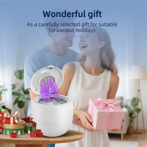 Couple gifting Cordless Ultrasonic Retainer Cleaner with 48kHz Vibration beside holiday decorations