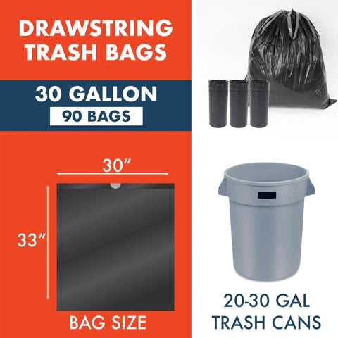 Heavy Duty Workhorse 30 Gallon Black Trash Bags With Drawstring For Office, Janitorial, And Facility Use, Leak Resistant Can Liner