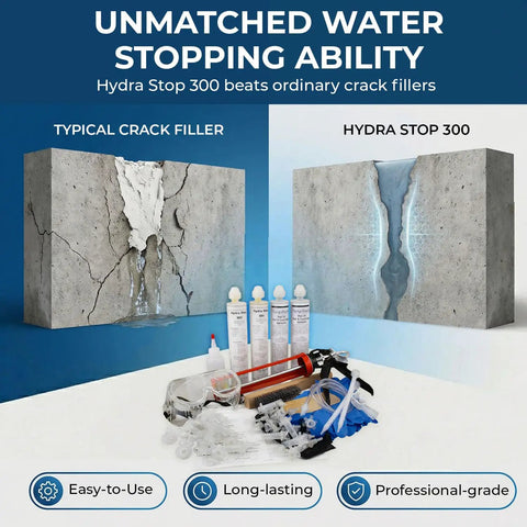 Comparison of typical crack filler and Hydra Stop 300 with 10ft Peel Paste Foundation Crack Repair Kit With Surface Ports And 300 Polyurethane Foam For Basement Waterproofing And Concrete Wall Cracks Easy Removal Peel Paste System Delivers Clean Finish display.