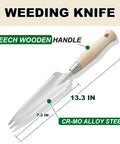 13.3 Inch Alloy Steel Garden Trowel with Forked Tip and Depth Markings for root cutting, showcasing beechwood handle and blade length.
