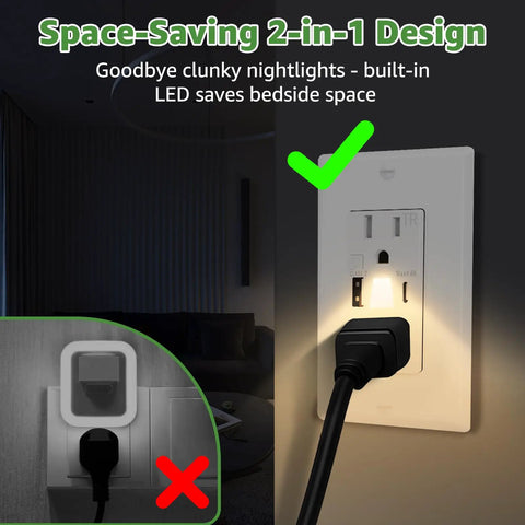 Fresh Vibe Night Light Wall Outlet Cover With Dual Usb Type A And C Fast Charging Ports Easy Toggle Switch Plate For Bedroom Kitchen Bath Home Upgrade Setup showcasing a space-saving design with integrated LED light.