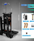 Powerful Electric Stair Climbing Hand Truck With Heavy Duty Rubber Tracks And Adjustable Tray For Moving Furniture Up Stairs Fast Plus Lithium Battery Safety Rope Gear with open rubber tracks and tools.