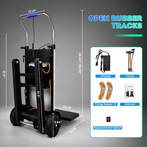 Powerful Electric Stair Climbing Hand Truck With Heavy Duty Rubber Tracks And Adjustable Tray For Moving Furniture Up Stairs Fast Plus Lithium Battery Safety Rope Gear with open rubber tracks and tools.