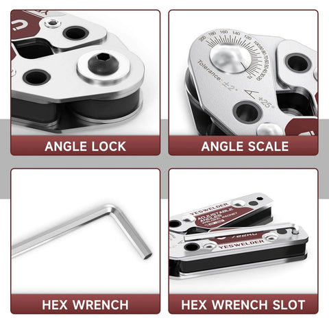 Pro Grade Adjustable Angle Welding Magnet With 20 To 200 Degree Range, 48 Lb Holding Power Magnetic Welding Holder features angle lock, angle scale, hex wrench, and hex wrench slot.