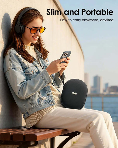 Foldable Hard Shell Over Ear Headphone Case Built Different Hella Tough Travel Organizer Featuring Volume Icon Design, portable design shown outdoors.