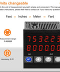 Digital display of Kickass Rolling Wheel Length Meter With Digital Encoder showing measurements in feet, inches, meters, and yards.