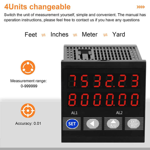 Digital display of Kickass Rolling Wheel Length Meter With Digital Encoder showing measurements in feet, inches, meters, and yards.