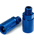 Close-up of blue aluminum quick-connect sockets from Workhorse Aluminum 3 Way Air Manifold And Splitter With Four Ports.