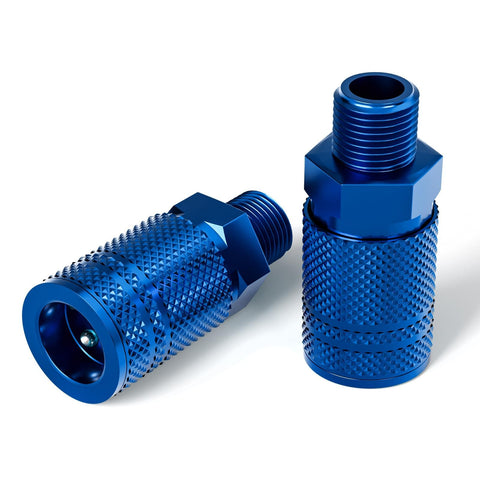 Close-up of blue aluminum quick-connect sockets from Workhorse Aluminum 3 Way Air Manifold And Splitter With Four Ports.
