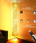 Smart RGB Floor Lamp With Music Sync And 16 Million DIY Colors, 61 Inch Standing corner lamp lit in living room with remote.