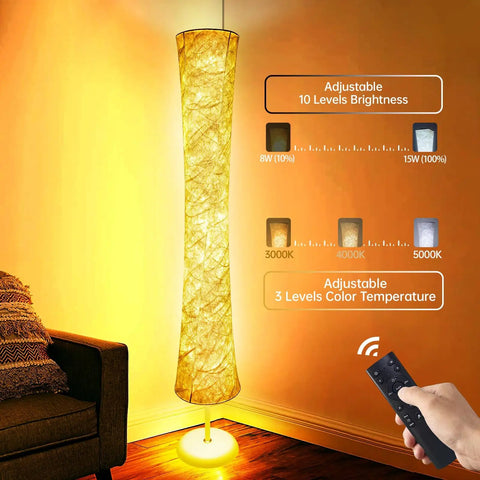 Smart RGB Floor Lamp With Music Sync And 16 Million DIY Colors, 61 Inch Standing corner lamp lit in living room with remote.