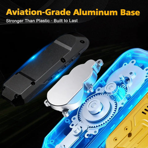 Aviation-grade aluminum base of cordless hedge trimmer with internal mechanical components highlighted.