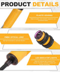 Close-up of E3F-DS30C4 Photoelectric Sensor with yellow plastic housing, PMMA lens, and LED indicator lights for industrial automation.