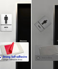 Two Piece ADA Restroom Signs For Business Men's Bathroom Sign Set In Silver Brushed Aluminum Raised Braille Self Adhesive 9 By 6 Inches Durable