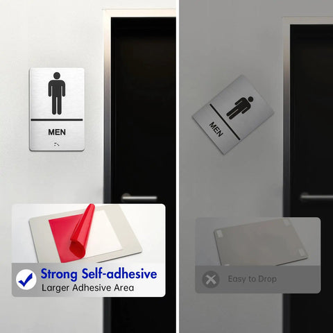Two Piece ADA Restroom Signs For Business Men's Bathroom Sign Set In Silver Brushed Aluminum Raised Braille Self Adhesive 9 By 6 Inches Durable
