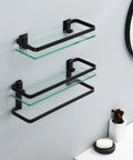 Tempered Glass Floating Bathroom Shelf With Bar, Rectangular Wall Mounted Aluminum Rustproof Black Finish, in bathroom setting.