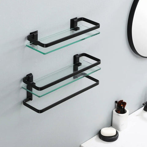 Tempered Glass Floating Bathroom Shelf With Bar, Rectangular Wall Mounted Aluminum Rustproof Black Finish, in bathroom setting.