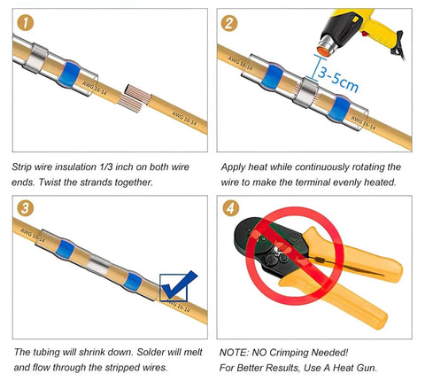 Super Durable Heat Shrink Butt Crimp Terminals 50 To 1200 Pack Waterproof Seal For AWG18 Wire Splice Kit, step-by-step use