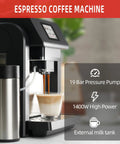Hassle Free Fully Automatic Espresso Maker With Integrated Grinder And Fast Foam Milk Frother sleek touchscreen brewing coffee with 19 bar pump.