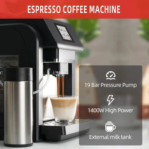 Hassle Free Fully Automatic Espresso Maker With Integrated Grinder And Fast Foam Milk Frother sleek touchscreen brewing coffee with 19 bar pump.