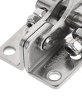 Close-up of adjustable metal toggle latch with strong gripping power for cabinets, DIY projects, heavy-duty stainless steel body.