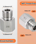 5 Pack 316 Stainless Steel Female To Male NPT Pipe Fittings One Quarter Inch NPT Connector diagram and dimensions