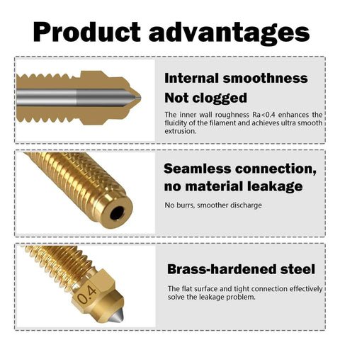 0.4mm Ceramic Hotend Upgrade for Elegoo Centauri Carbon showing brass-hardened steel nozzle advantages, including smoothness and leak prevention