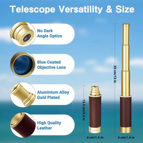 Old School Pirate Telescope Spyglass Zoomable 25x30 Portable Collapsible Handheld Monocular With Copper Pocket Compass For Camping Boating Survival Gear And Outdoor Adventures, gold-plated aluminum alloy, 13 in tall