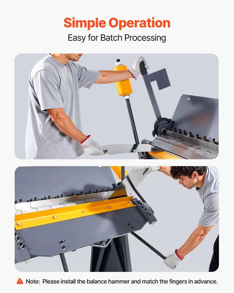 Man operating 48 Inch Heavy Duty Box And Pan Brake For Metalworking, showing 12 Gauge Mild Steel Capacity and adjustable bending angle.