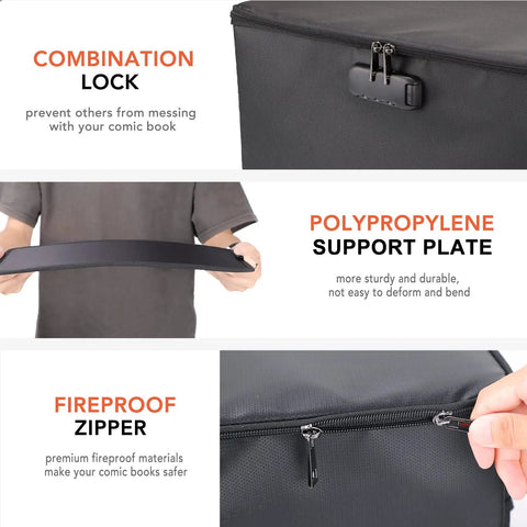 2 Pack Comic Book Storage Box With Lock And Label Window Fireproof And Water Resistant showing lock, support plate, zipper