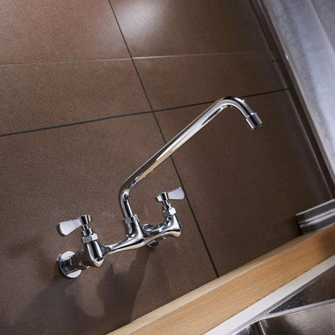 Wall Mount Kitchen Faucet For Utility Sink With 8 Inch Swivel Gooseneck Spout 8 Inch Center 2 Handle Pro Grade Heavy Duty Commercial Sink Faucet For Laundry And Restaurant Chrome Finish installed on a wall